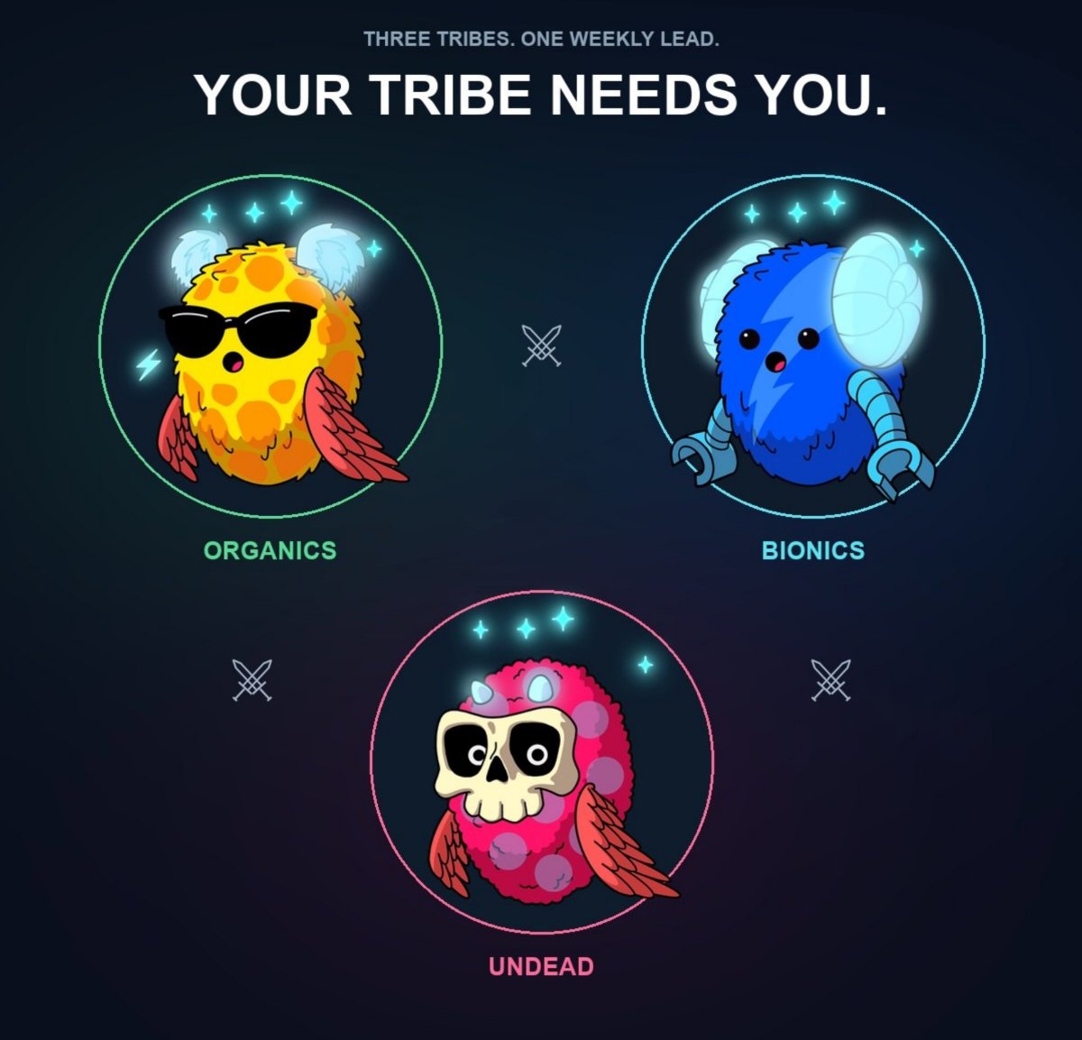Your tribe needs you. Organics, Bionics and Undead Mebots arranged in a triangle.